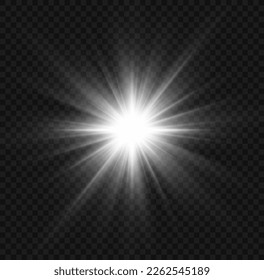 Glow light effect set, lens flare, explosion, glitter, line, sun flash, spark and star. Abstract image of lighting flare and white stars. Glowing light bursts with sparkles. Vector illustration.