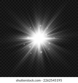 Glow light effect set, lens flare, explosion, glitter, line, sun flash, spark and star. Abstract image of lighting flare and white stars. Glowing light bursts with sparkles. Vector illustration.