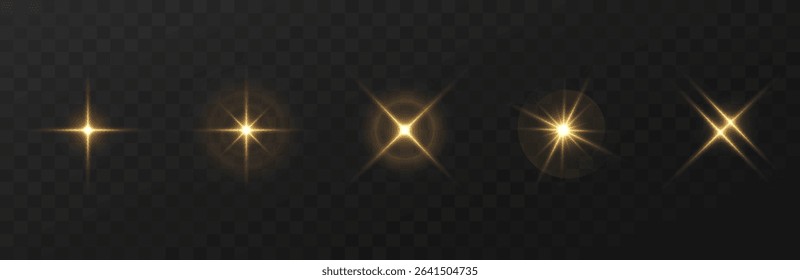 Glow light effect set, lens flare, explosion, glitter, line, sun flash, spark and star. Glowing light bursts with sparkles. lighting flare and white stars. Vector,  Christmas.