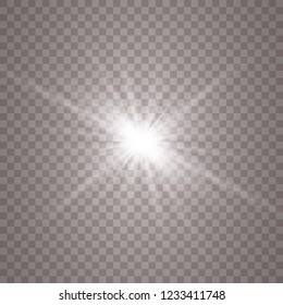 Glow light effect. Star burst with sparkles. Vector illustration. White glowing light explodes on a transparent background. Sparkling magical dust particles. Bright Star. Transparent shining sun, brig