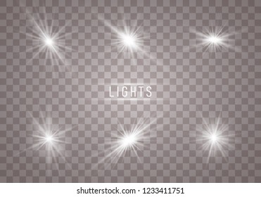 Glow light effect. Star burst with sparkles. Vector illustration. White glowing light explodes on a transparent background. Sparkling magical dust particles. Bright Star. Transparent shining sun, brig