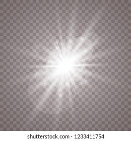 Glow light effect. Star burst with sparkles. Vector illustration. White glowing light explodes on a transparent background. Sparkling magical dust particles. Bright Star. Transparent shining sun, brig