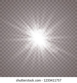 Glow light effect. Star burst with sparkles. Vector illustration. White glowing light explodes on a transparent background. Sparkling magical dust particles. Bright Star. Transparent shining sun, brig