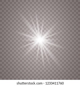 Glow light effect. Star burst with sparkles. Vector illustration. White glowing light explodes on a transparent background. Sparkling magical dust particles. Bright Star. Transparent shining sun, brig