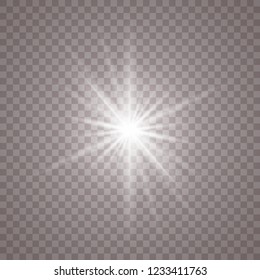 Glow light effect. Star burst with sparkles. Vector illustration. White glowing light explodes on a transparent background. Sparkling magical dust particles. Bright Star. Transparent shining sun, brig