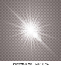 Glow light effect. Star burst with sparkles. Vector illustration. White glowing light explodes on a transparent background. Sparkling magical dust particles. Bright Star. Transparent shining sun, brig