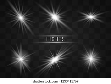 Glow light effect. Star burst with sparkles. Vector illustration. White glowing light explodes on a transparent background. Sparkling magical dust particles. Bright Star. Transparent shining sun, brig