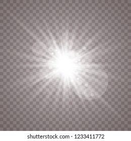 Glow light effect. Star burst with sparkles. Vector illustration. White glowing light explodes on a transparent background. Sparkling magical dust particles. Bright Star. Transparent shining sun, brig