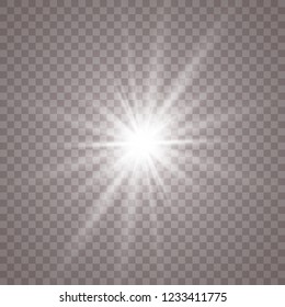 Glow light effect. Star burst with sparkles. Vector illustration. White glowing light explodes on a transparent background. Sparkling magical dust particles. Bright Star. Transparent shining sun, brig