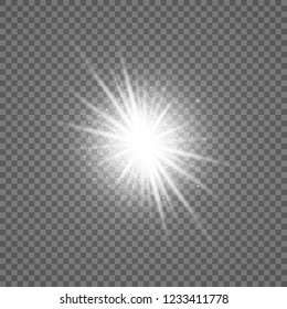 Glow light effect. Star burst with sparkles. Vector illustration. White glowing light explodes on a transparent background. Sparkling magical dust particles. Bright Star. Transparent shining sun, brig