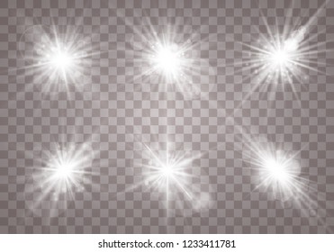 Glow light effect. Star burst with sparkles. Vector illustration. White glowing light explodes on a transparent background. Sparkling magical dust particles. Bright Star. Transparent shining sun, brig