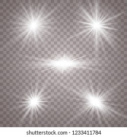 Glow light effect. Star burst with sparkles. Vector illustration. White glowing light explodes on a transparent background. Sparkling magical dust particles. Bright Star. Transparent shining sun, brig