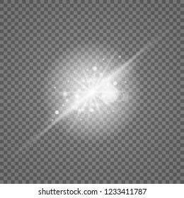 Glow light effect. Star burst with sparkles. Vector illustration. White glowing light explodes on a transparent background. Sparkling magical dust particles. Bright Star. Transparent shining sun, brig