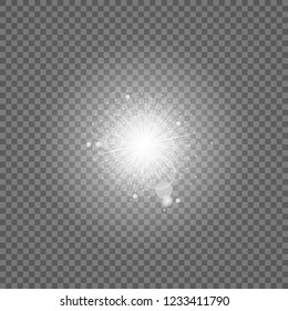 Glow light effect. Star burst with sparkles. Vector illustration. White glowing light explodes on a transparent background. Sparkling magical dust particles. Bright Star. Transparent shining sun, brig