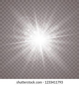 Glow light effect. Star burst with sparkles. Vector illustration. White glowing light explodes on a transparent background. Sparkling magical dust particles. Bright Star. Transparent shining sun, brig