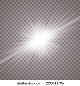 Glow light effect. Star burst with sparkles. Vector illustration. White glowing light explodes on a transparent background. Sparkling magical dust particles. Bright Star. Transparent shining sun, brig