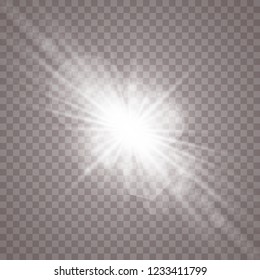 Glow light effect. Star burst with sparkles. Vector illustration. White glowing light explodes on a transparent background. Sparkling magical dust particles. Bright Star. Transparent shining sun, brig