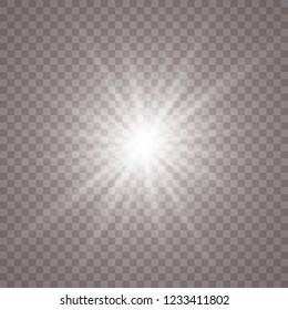 Glow light effect. Star burst with sparkles. Vector illustration. White glowing light explodes on a transparent background. Sparkling magical dust particles. Bright Star. Transparent shining sun, brig