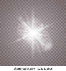 Glow light effect. Star burst with sparkles. Vector illustration. White glowing light explodes on a transparent background. Sparkling magical dust particles. Bright Star. Transparent shining sun, brig