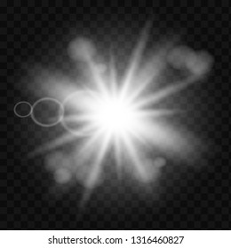 Glow light effect. Star burst with sparkles. Vector illustration. White glowing light. Sparkling magical dust particles. Bright Star. Transparent shining sun, brig