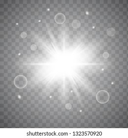 Glow light effect. Star burst with sparkles. Vector illustration. White glowing light. Sparkling magical dust particles. Bright Star. Transparent shining