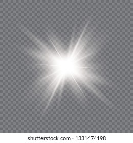 Glow light effect. Star burst with sparkles. Vector illustration. White glowing light. Sparkling magical dust particles. Bright Star. Transparent shining sun, brig