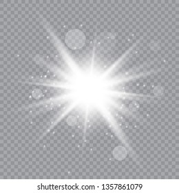 Glow light effect. Star burst with sparkles. Vector illustration. White glowing light. Sparkling magical dust particles. Bright Star. Transparent shining sun, brig