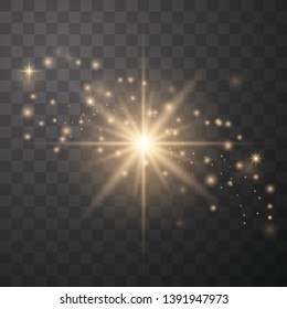 Glow light effect. Star burst with sparkles gold glitter 