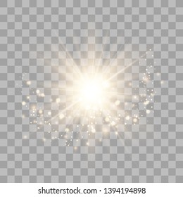 Glow light effect. Star burst with sparkles gold glitter 