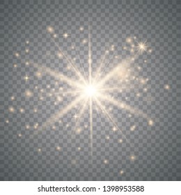 Glow light effect. Star burst with sparkles gold glitter 