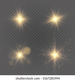 Glow light effect. Star burst with sparkles. sunlight.Glow golden light spark set on transparent background. Blur vector sparkles design collection. Explosive flash, sun, flare and shiny cloud.