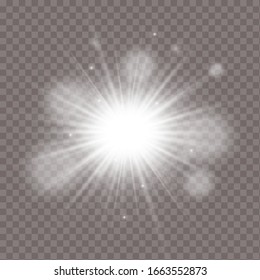 Glow light effect. Star burst with sparkles. Vector illustration. White glowing light explodes on a transparent background. Sparkling magical dust particles. Bright Star. Transparent shining sun, brig