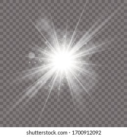 Glow light effect. Star burst with sparkles. Vector illustration. White glowing light explodes on a transparent background. Sparkling magical dust particles. Bright Star. Transparent shining sun, brig