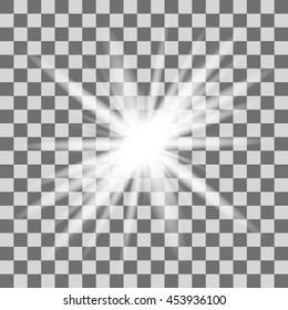 Glow light effect. Star burst with sparkles. Vector illustration. Vector glowing light bursts with sparkles on transparent background. White glowing light burst explosion with transparent.