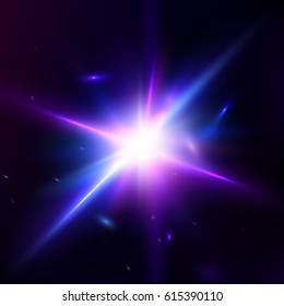 Glow light effect. Star burst with sparkles. Lens Flare wallpaper. Abstract Space background. Flash Highlight beam. Glare, shiny, flicker and luminescence. Fantastic design. Futuristic illustration 