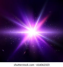 Glow light effect. Star burst with sparkles. Lens Flare wallpaper. Abstract Space background. Flash Highlight beam. Glare, shiny, flicker and luminescence. Fantastic design. Futuristic illustration 