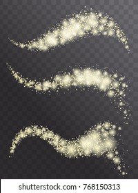 Glow light effect. Star burst with golden sparkles, glitter texture. Vector explosion illustration. Golden rays, cosmic comet isolated on dark background
