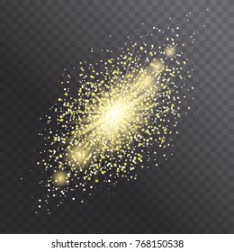Glow light effect. Star burst with golden sparkles, glitter texture. Vector explosion illustration. Golden rays, cosmic comet isolated on dark background