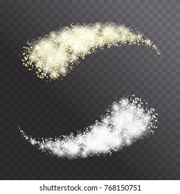 Glow light effect. Star burst with golden sparkles, glitter texture. Vector explosion illustration. Golden rays, cosmic comet isolated on dark background