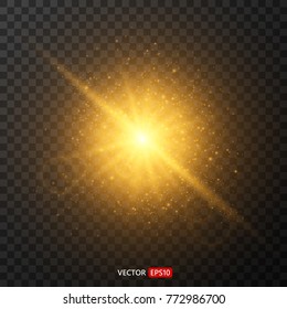 Glow light effect. Star burst with sparkles. Golden glowing lights. On transparent background. Vector EPS10