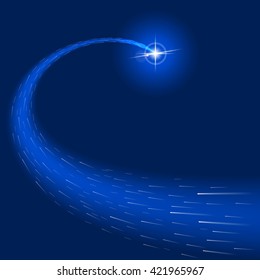 Glow light effect star bursts with sparkles, isolated on blue color background. Starlet illuminated, glare. Shiny bright night. Decoration template. Galaxy sky design. Shiny comet. Vector illustration