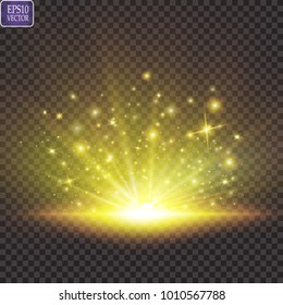 Glow light effect. Starburst with sparkles on transparent background. Vector illustration. Sun