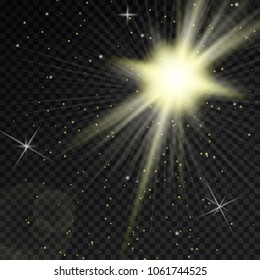 Glow light effect. Starburst with sparkles on transparent background. Vector illustration. Sun