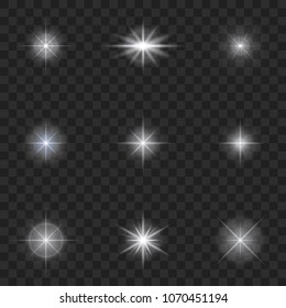 Glow light effect. Starburst with sparkles on transparent background. 