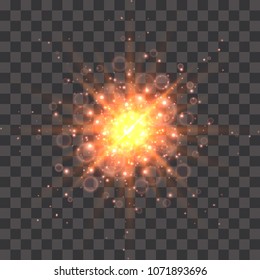 Glow light effect. Starburst with sparkles on transparent background. Vector illustration. Sun