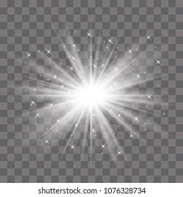 Glow light effect. Starburst with sparkles on transparent background. Vector illustration. Sun