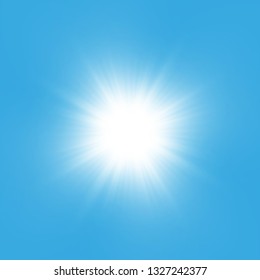 Glow light effect. Starburst with sparkles on blue background. Vector illustration. Sun