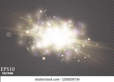 Glow light effect. Starburst with sparkles on transparent background. Vector illustration. Sun