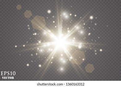 Glow light effect. Starburst with sparkles on transparent background. Vector illustration. Sun