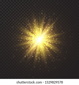 Glow light effect. Starburst with sparkles on dark transparent background. Vector illustration.